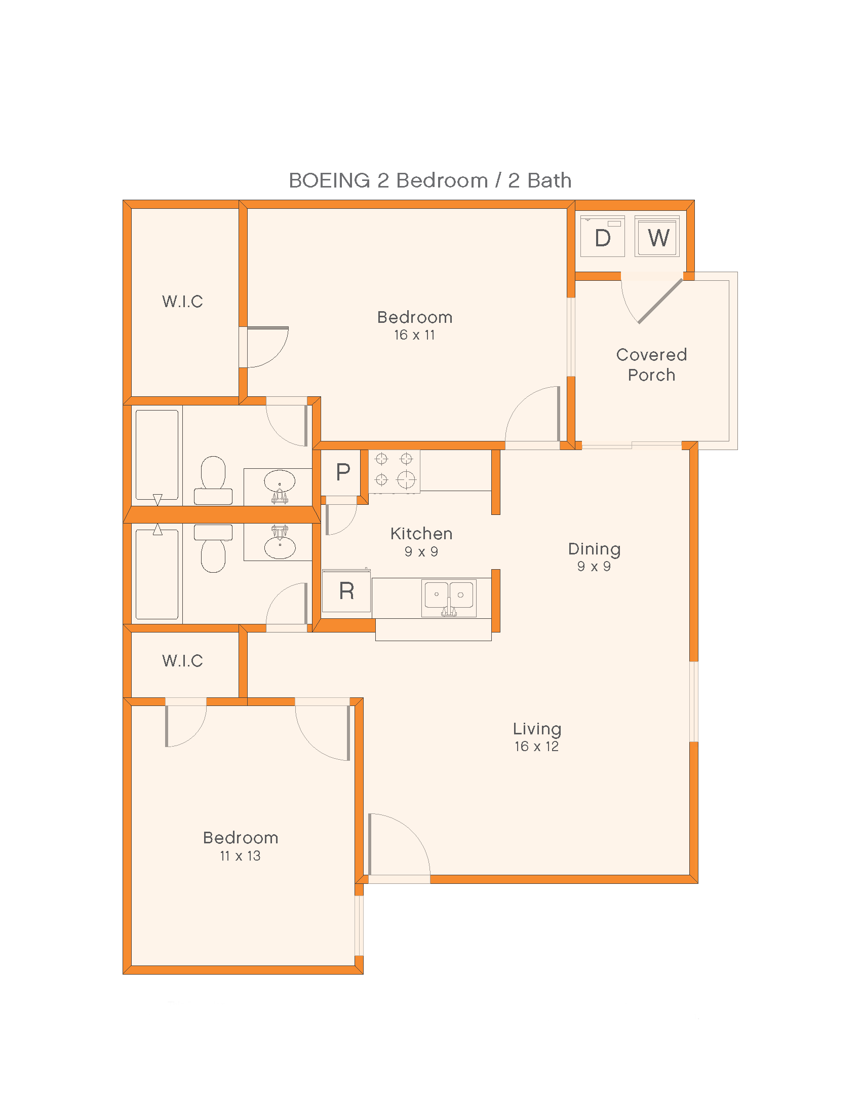 Floor plan for 2 beds, 2 baths, 920 sqft